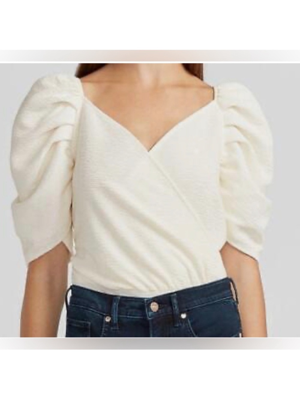Express Cream Puff Sleeve Faux Wrap Bodysuit